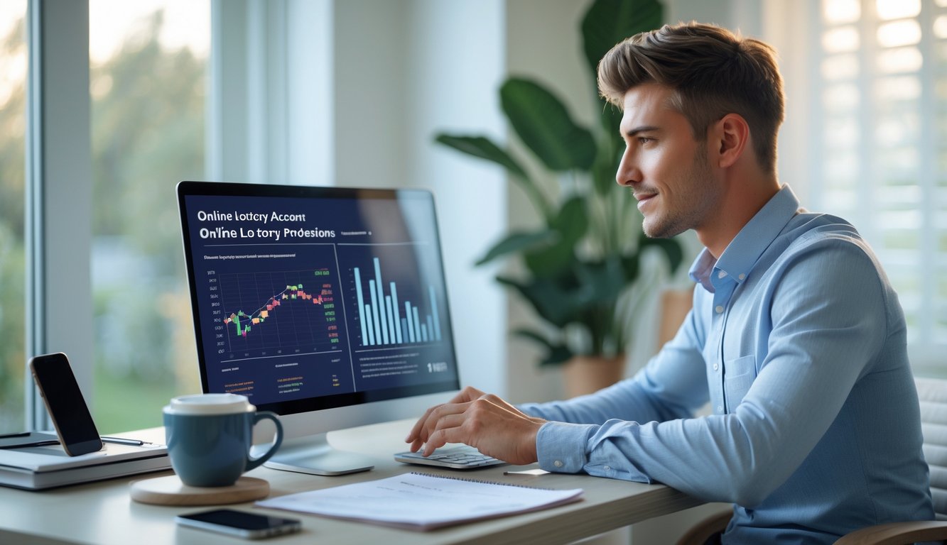 Seorang pria muda duduk di meja kerja dengan laptop, fokus melihat data dan grafik di layar dalam ruangan terang.