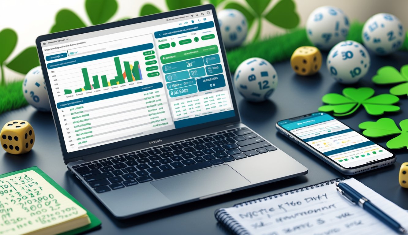 Meja kerja modern dengan laptop, ponsel, dan buku catatan yang menampilkan aktivitas prediksi dan taruhan togel online.