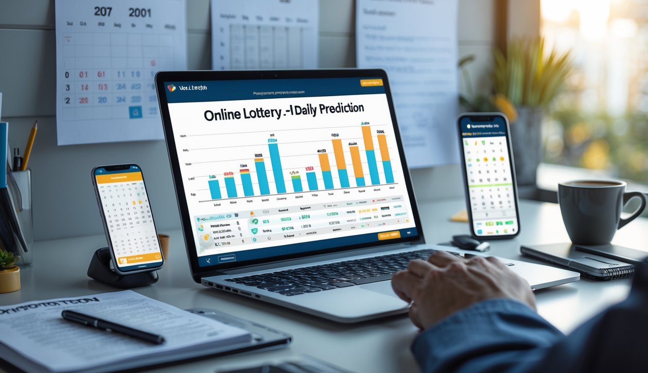 Meja kerja modern dengan laptop menampilkan grafik prediksi togel, ponsel dengan aplikasi togel, dan secangkir kopi di sampingnya.