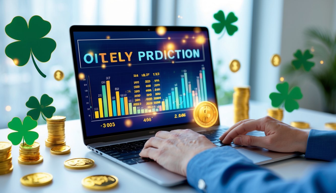 Seseorang sedang menggunakan laptop dengan tampilan grafik dan data angka di meja kantor yang terang dan rapi, dikelilingi oleh simbol keberuntungan seperti daun semanggi dan koin emas.