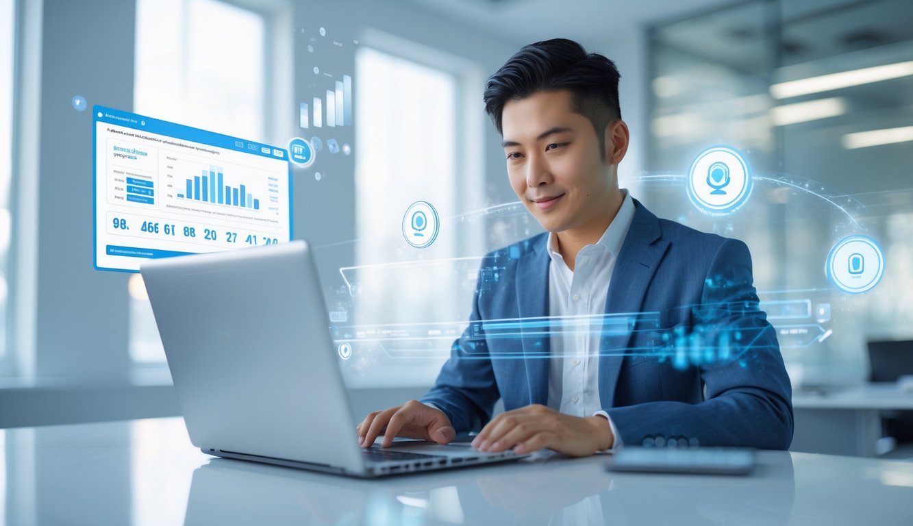 Seorang pria muda sedang menggunakan laptop di kantor modern dengan tampilan grafik digital di layar, menunjukkan suasana kerja yang aman dan cepat.