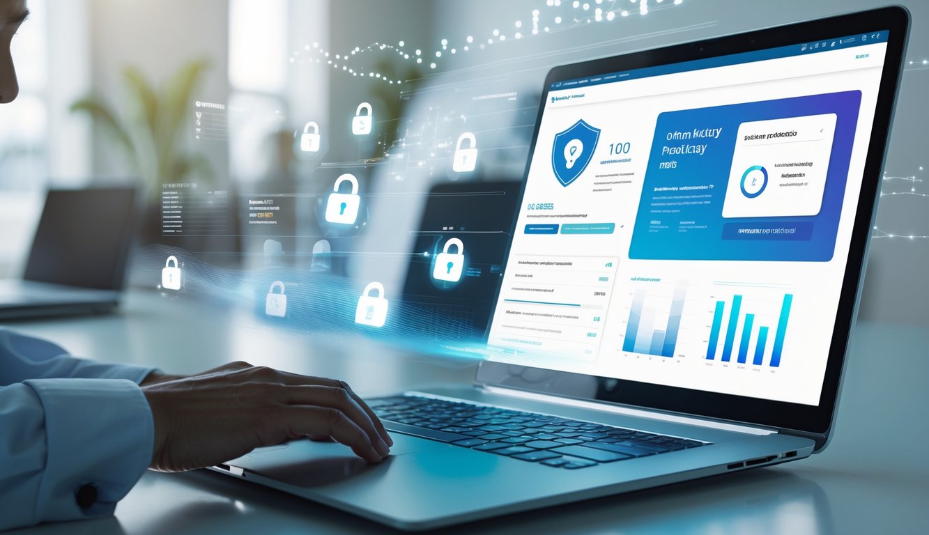 Seseorang menggunakan laptop di kantor modern dengan latar belakang bersih, menunjukkan suasana kerja yang aman dan cepat.