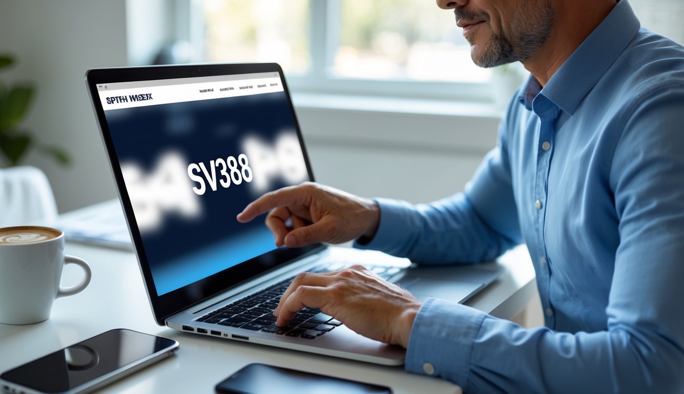 Seorang pria dewasa menggunakan laptop di ruang kerja rumah yang terang dan rapi, menunjukkan aktivitas taruhan online yang aman dan cepat.