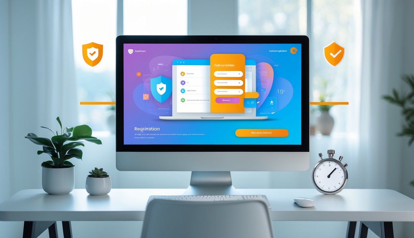 Sebuah meja kerja dengan komputer yang menampilkan antarmuka pendaftaran online, dikelilingi oleh elemen yang menunjukkan keamanan dan kecepatan.