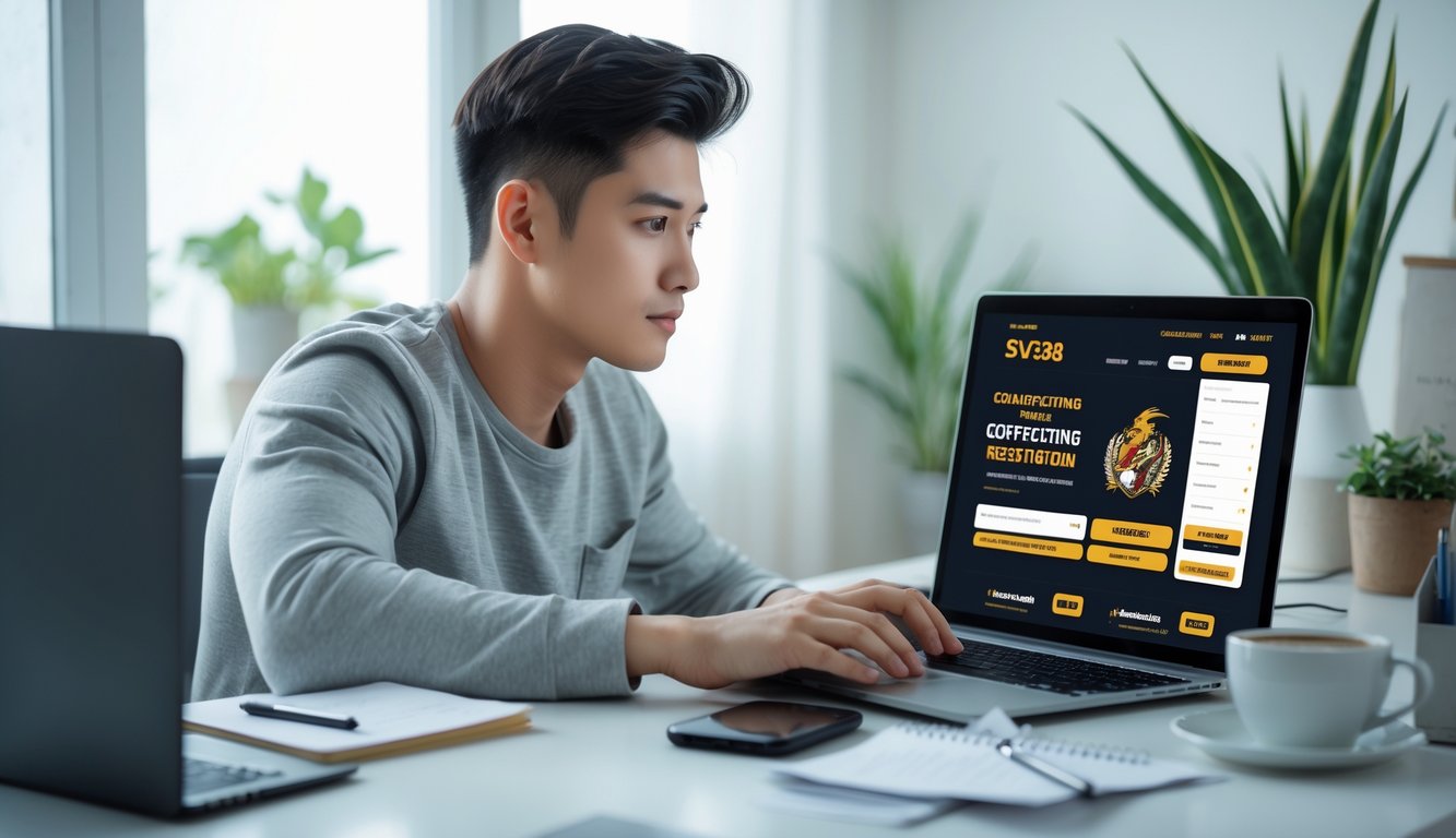 Seorang pria muda duduk di meja dengan laptop, fokus menggunakan situs pendaftaran sabung ayam online resmi, di ruang kerja yang terang dan rapi.