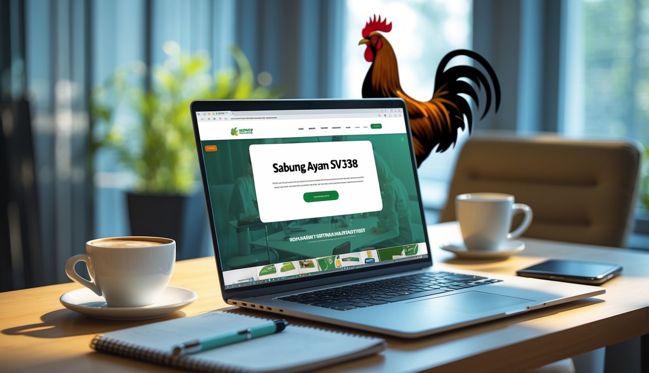 Sebuah meja kerja dengan laptop yang menampilkan situs web, secangkir kopi, buku catatan, dan ponsel di sampingnya.