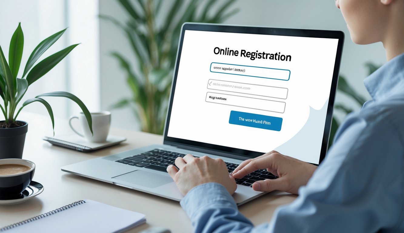 Seseorang sedang menggunakan laptop di meja kerja untuk mendaftar secara online dengan suasana yang tenang dan rapi.