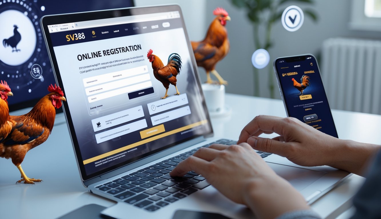 Orang sedang mendaftar secara online di laptop dan smartphone dengan tampilan aplikasi Sabung Ayam SV388 di meja kerja yang rapi.