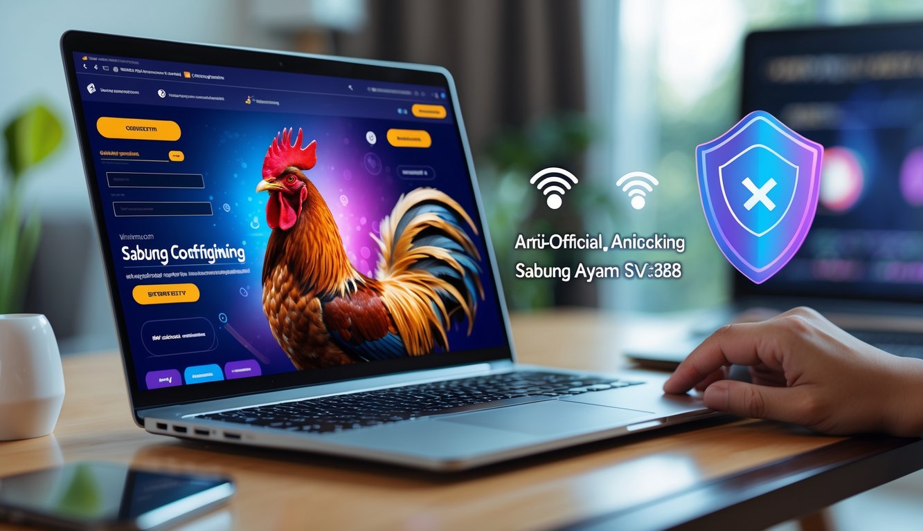 Sebuah laptop di meja kerja menampilkan antarmuka permainan online sabung ayam dengan simbol keamanan dan koneksi internet di latar belakang kantor rumah yang nyaman.