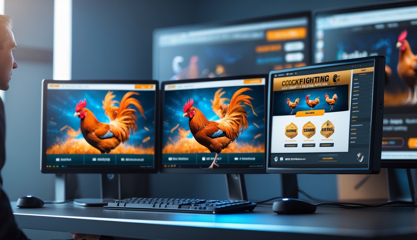 Seseorang menggunakan komputer dengan layar menampilkan permainan sabung ayam online.