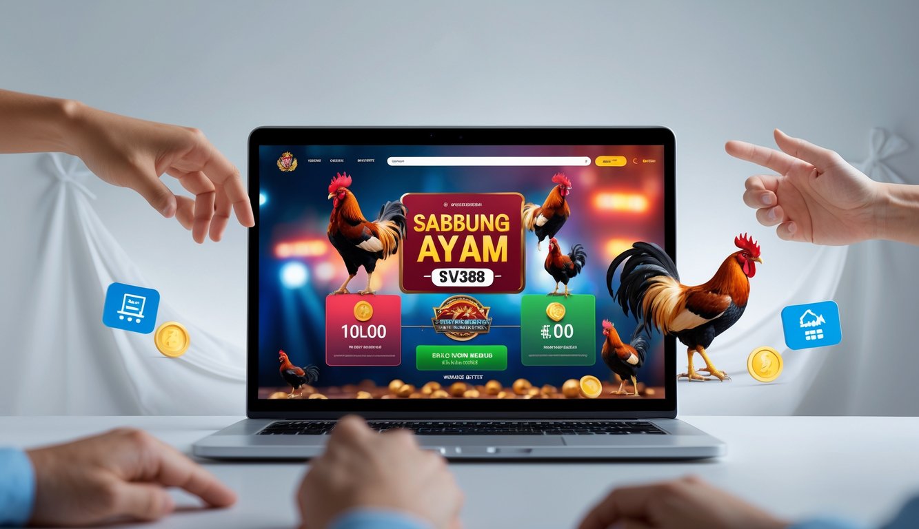 Seseorang menggunakan perangkat digital yang menampilkan platform taruhan sabung ayam online dengan gambar ayam aduan dan ikon bonus.