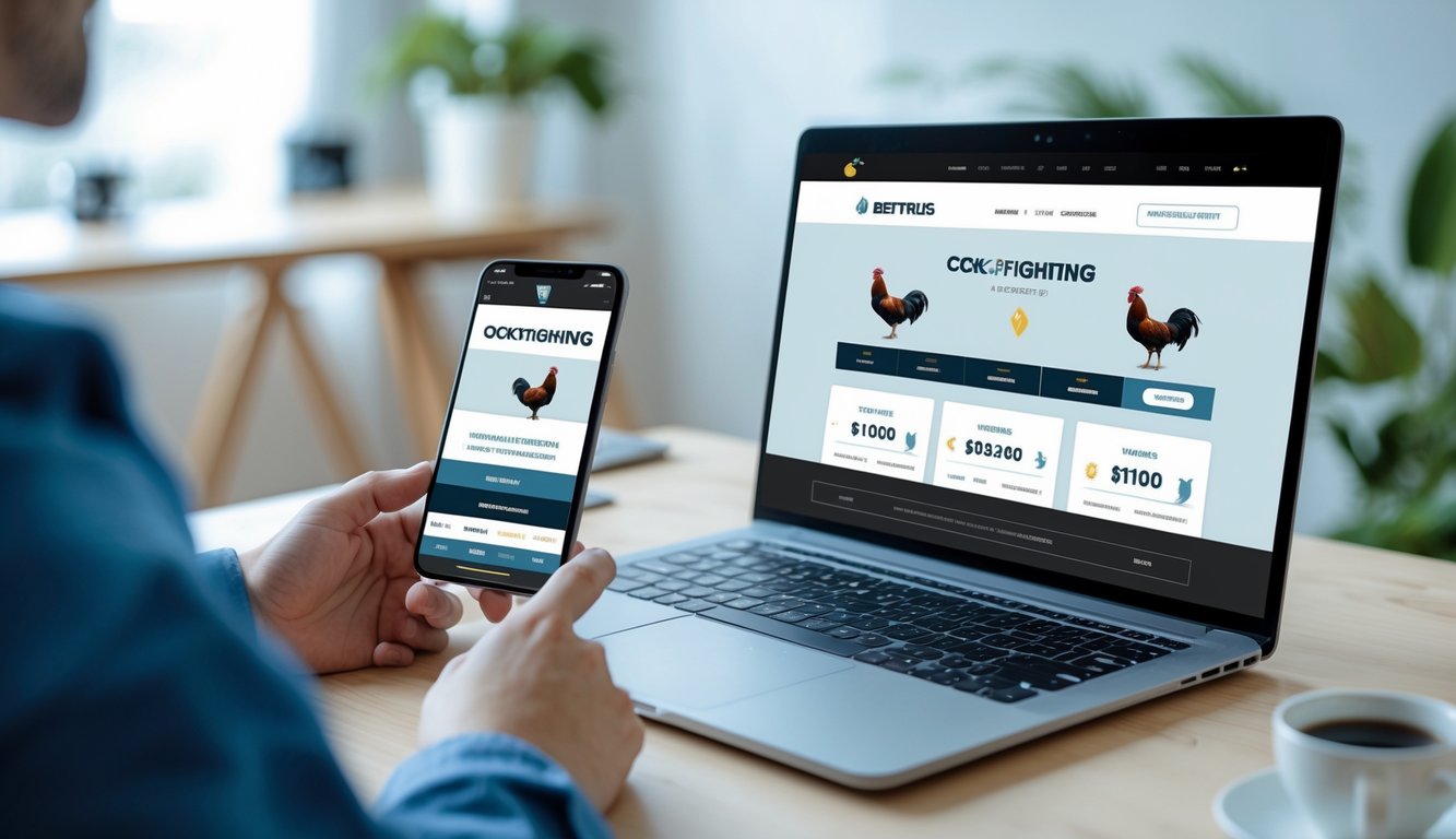 Seorang pria menggunakan laptop dan ponsel di meja kerja dengan latar belakang ruang kerja yang nyaman.