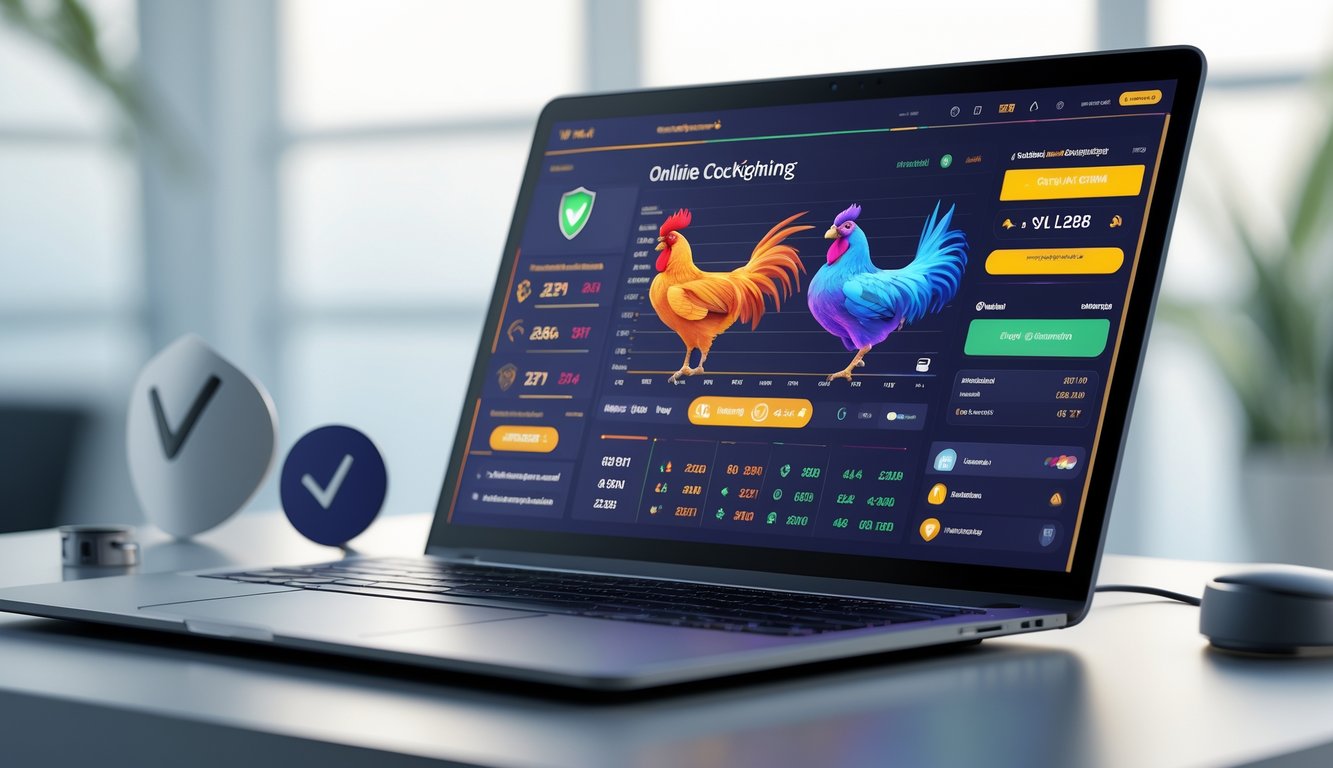 Seseorang menggunakan komputer dengan tampilan antarmuka taruhan online sabung ayam yang modern dan profesional.