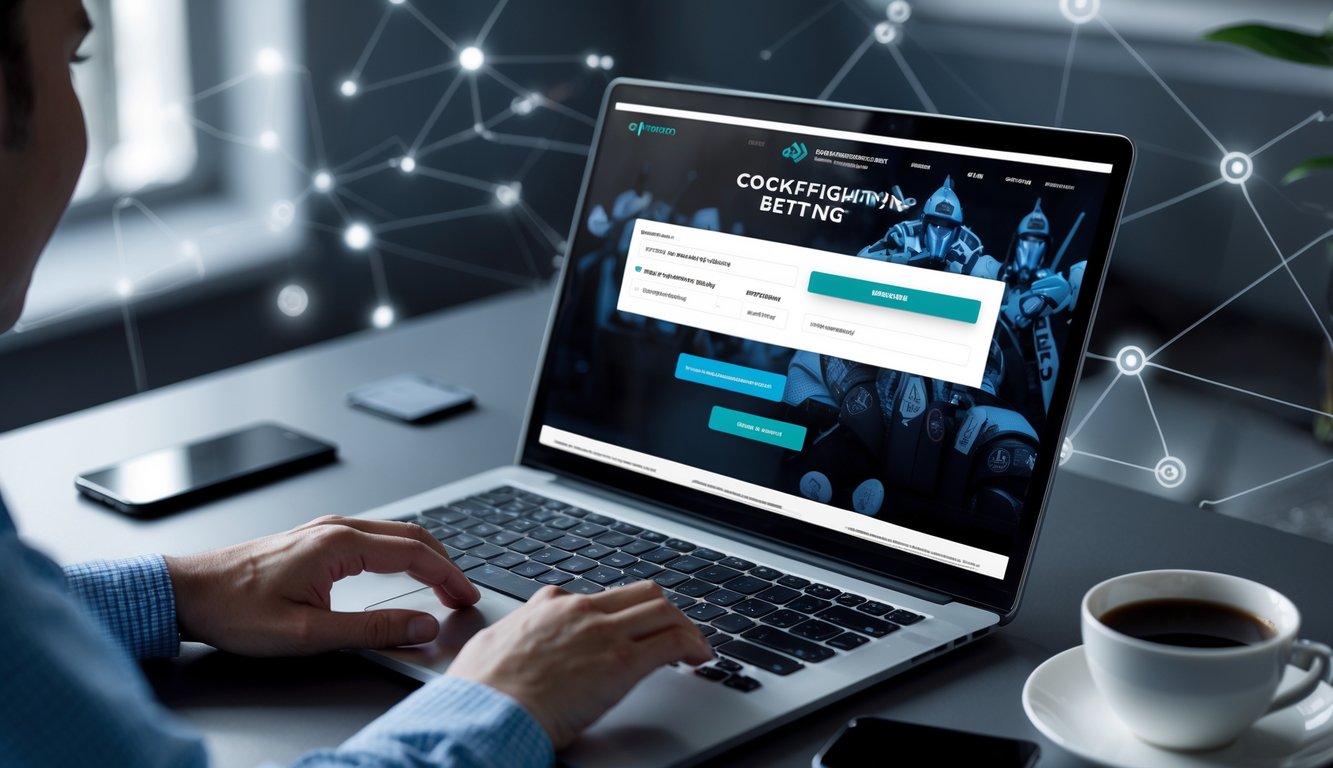 Seseorang sedang mendaftar akun online di depan laptop dengan ponsel dan kopi di meja kerja.