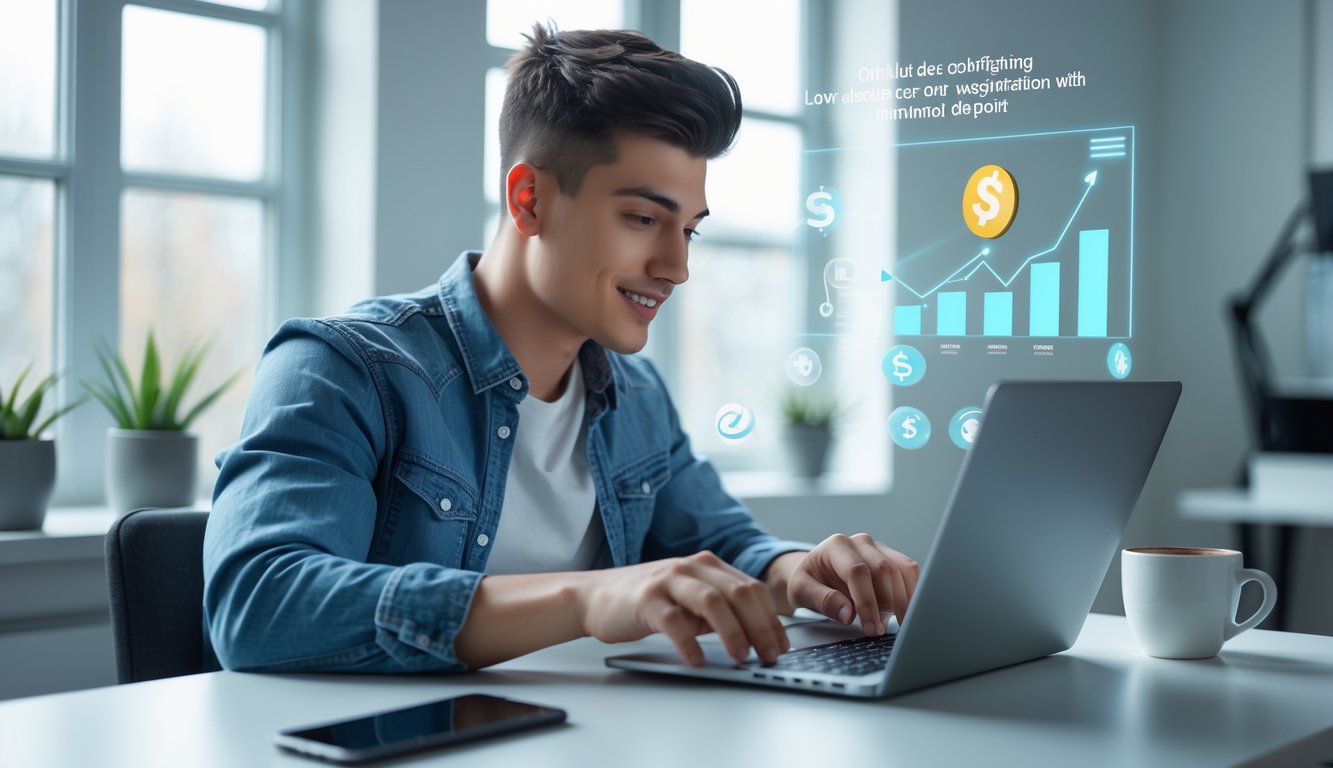 Seorang pria muda sedang mendaftar akun online di laptop di ruang kerja dengan pencahayaan alami.