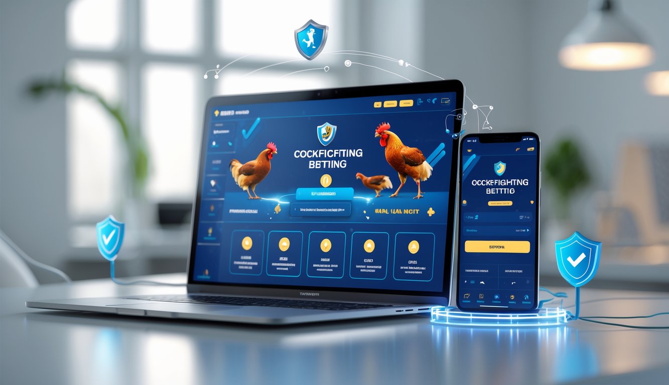 Laptop dan smartphone di atas meja menampilkan aplikasi taruhan sabung ayam online dengan simbol keadilan dan keamanan di sekitarnya.
