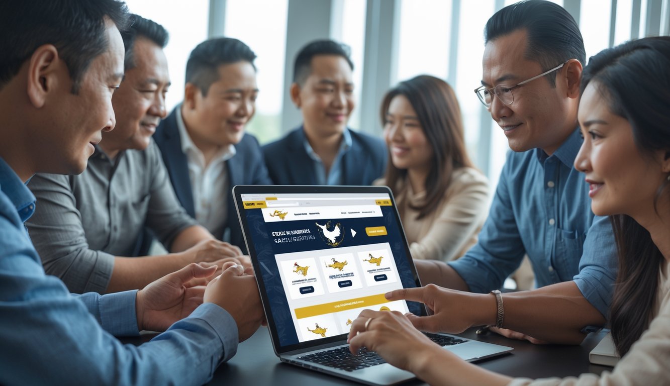 Orang-orang sedang menggunakan perangkat digital untuk memasang taruhan sabung ayam secara online di ruang kerja yang rapi dan terang.