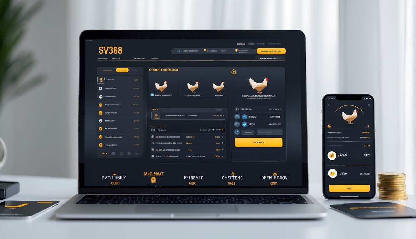 Seorang pengguna sedang melihat situs taruhan sabung ayam online di layar komputer dengan elemen pembayaran digital di sekitarnya.