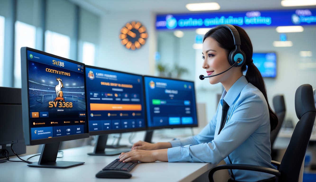 Seorang petugas layanan pelanggan dengan headset duduk di depan komputer di ruang kantor modern yang terang dan bersih.