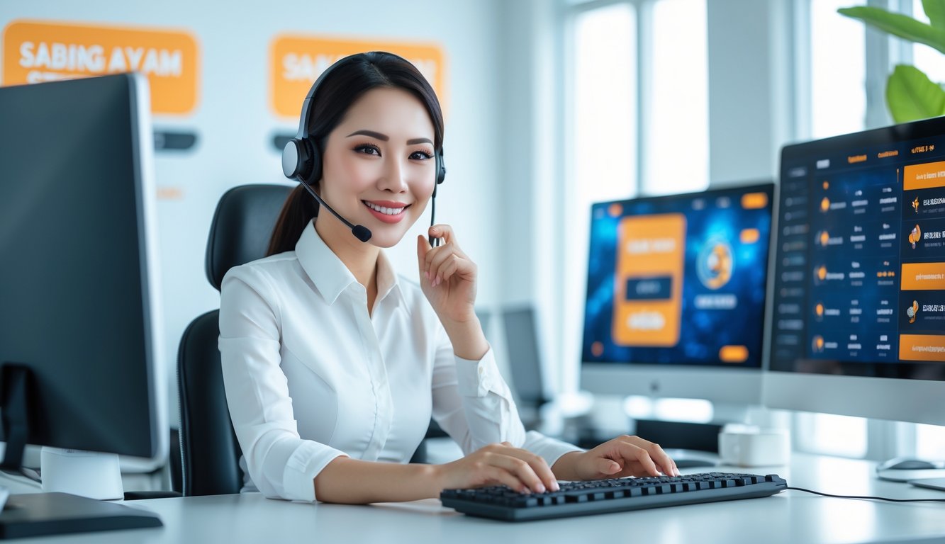 Seorang petugas layanan pelanggan dengan headset duduk di meja kerja modern dengan beberapa monitor komputer di kantor yang terang dan rapi.