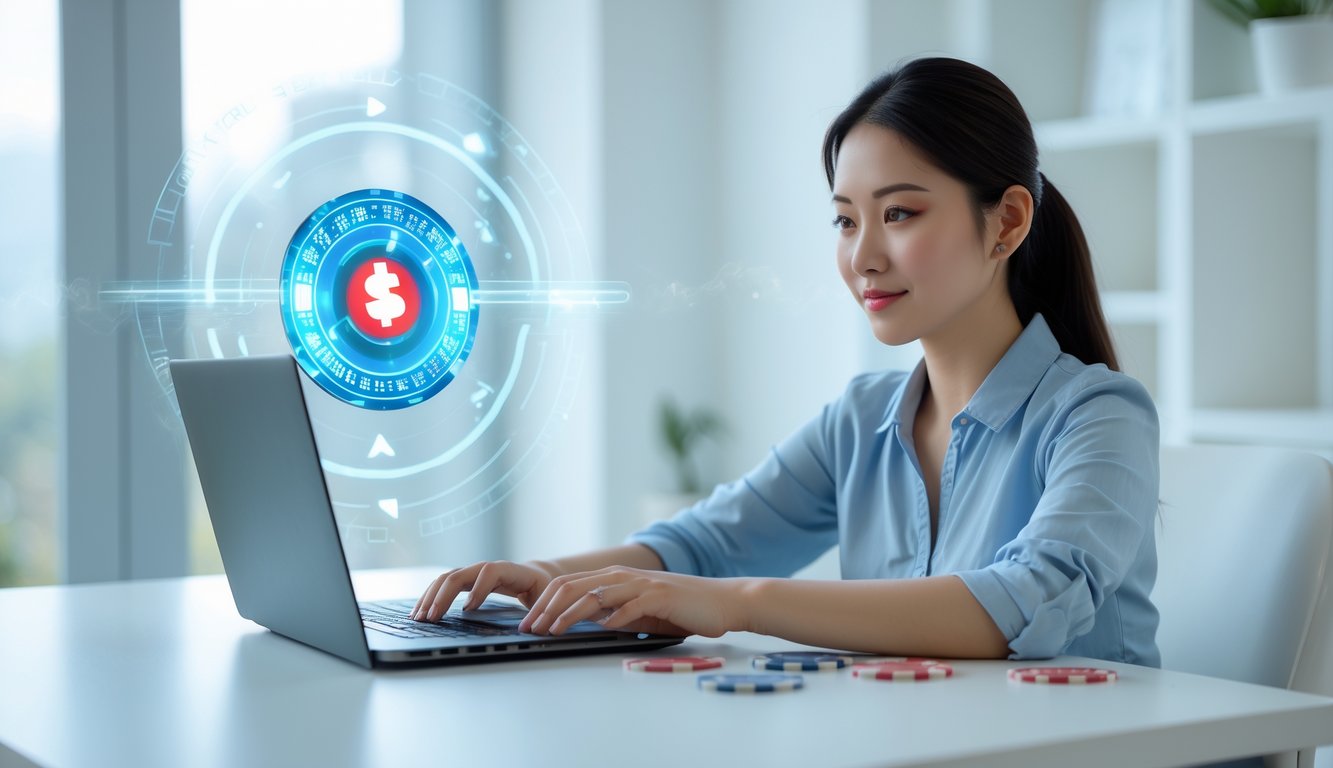 Seorang wanita muda Asia duduk di meja modern sambil bermain poker Cina secara online menggunakan laptop di ruangan yang terang dan rapi.