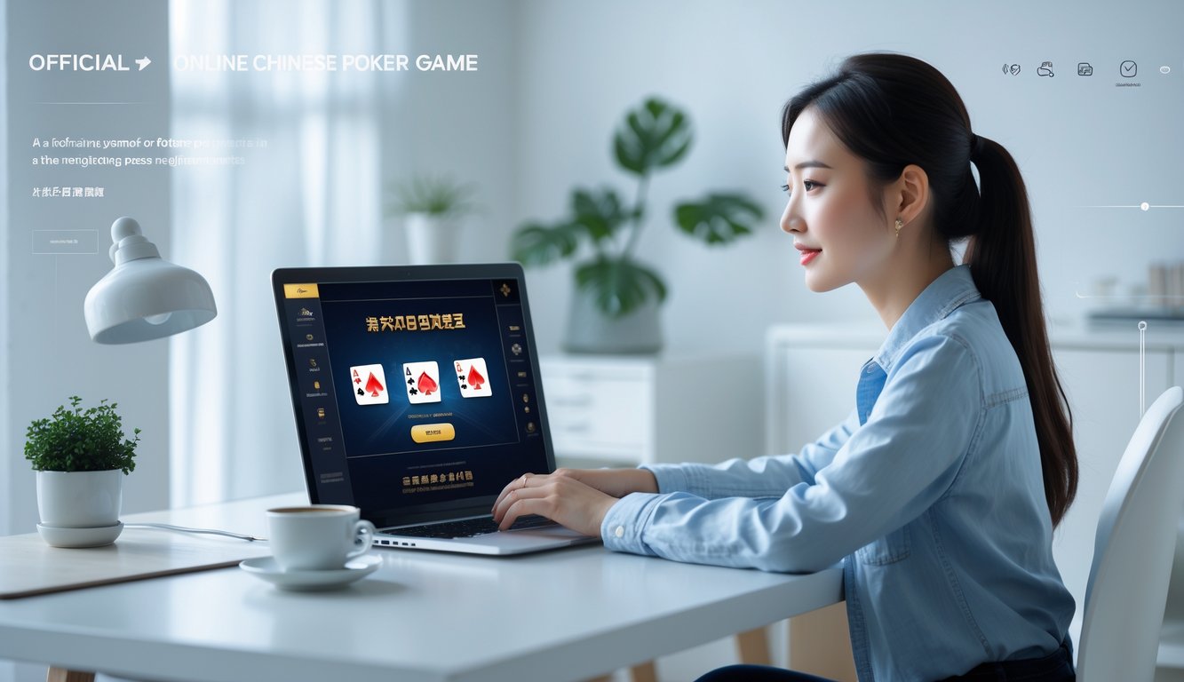 Seorang wanita muda Asia sedang menggunakan laptop di meja kerja dengan suasana rumah yang rapi dan terang.