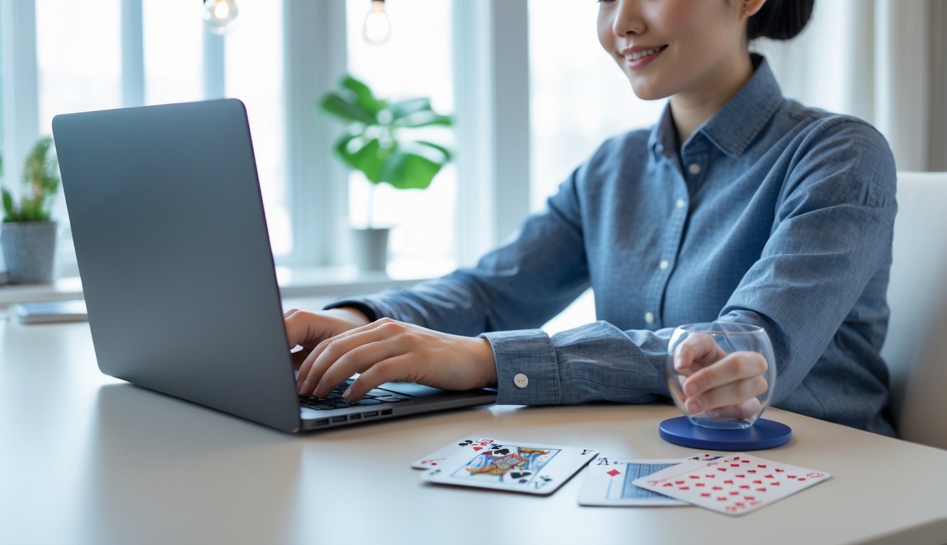 Seseorang duduk di meja dengan laptop, bermain poker China online di ruangan yang terang dan rapi.