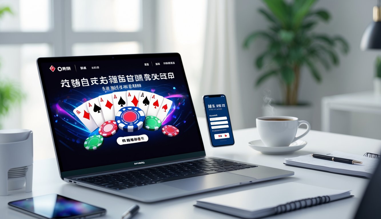 Meja kerja dengan laptop yang menampilkan permainan poker China online, ponsel dengan formulir pendaftaran, dan alat tulis di sekitarnya.