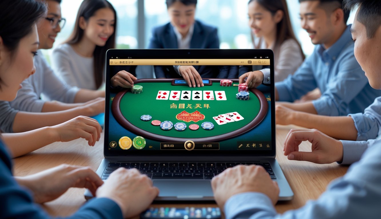 Beberapa orang sedang bermain poker Cina secara online menggunakan laptop di ruangan yang terang dan modern.