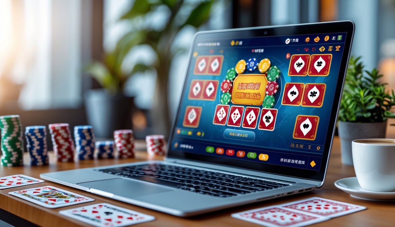Sebuah laptop menampilkan permainan Chinese Poker online dengan tumpukan chip poker dan kartu di meja, di ruang kerja yang rapi dan terang.