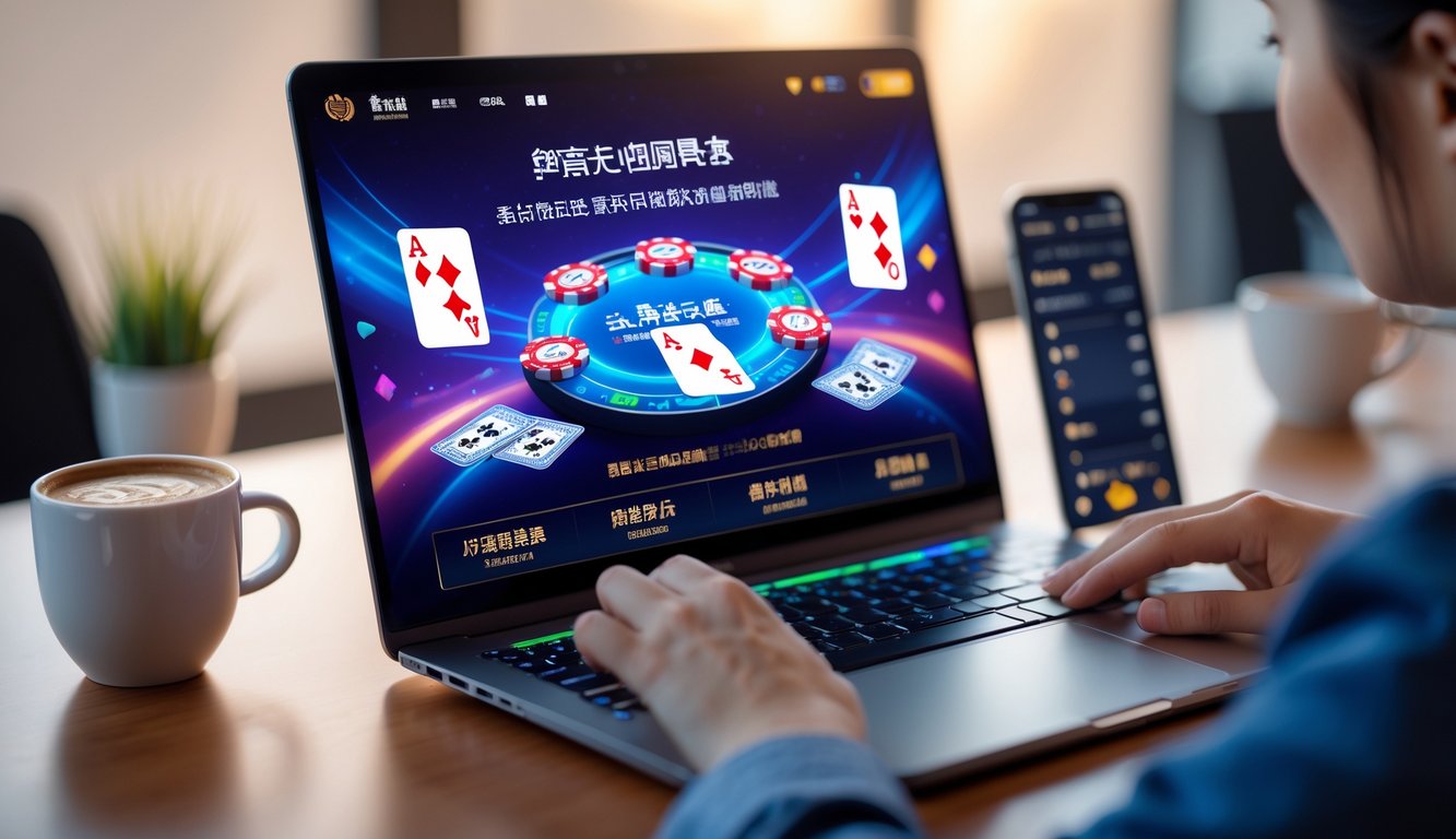 Seseorang bermain poker China secara online di depan komputer di ruang kerja yang rapi dan terang.