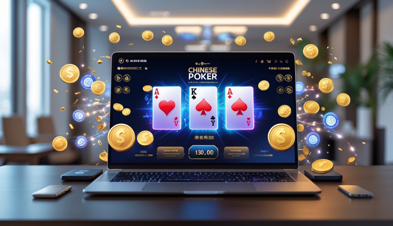 Suasana meja kerja dengan komputer menampilkan permainan Chinese Poker online dan simbol bonus di sekitarnya.