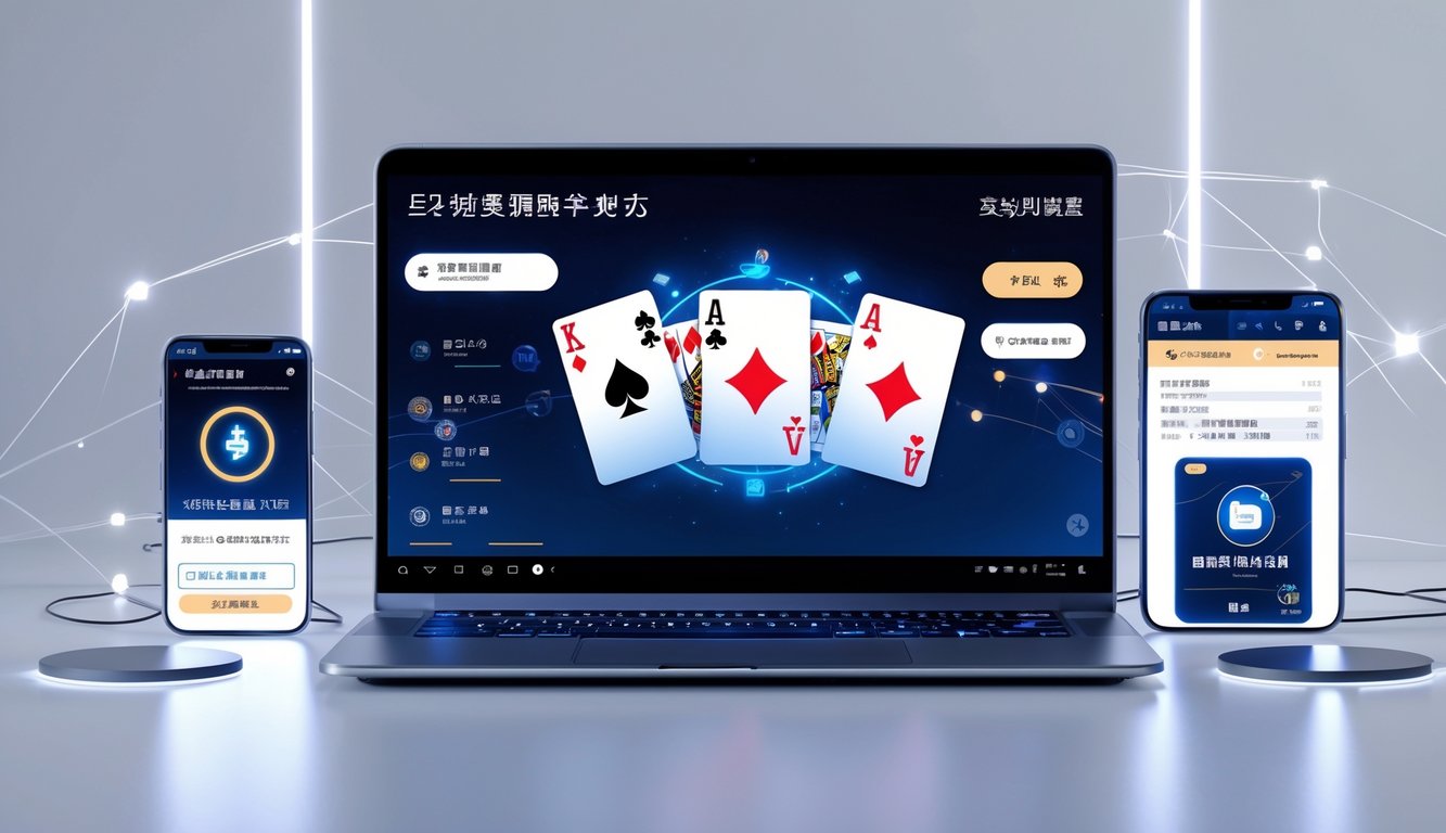Sebuah laptop menampilkan permainan poker China online dengan kartu di layar, dikelilingi oleh smartphone yang menunjukkan transaksi cepat dan deposit rendah.