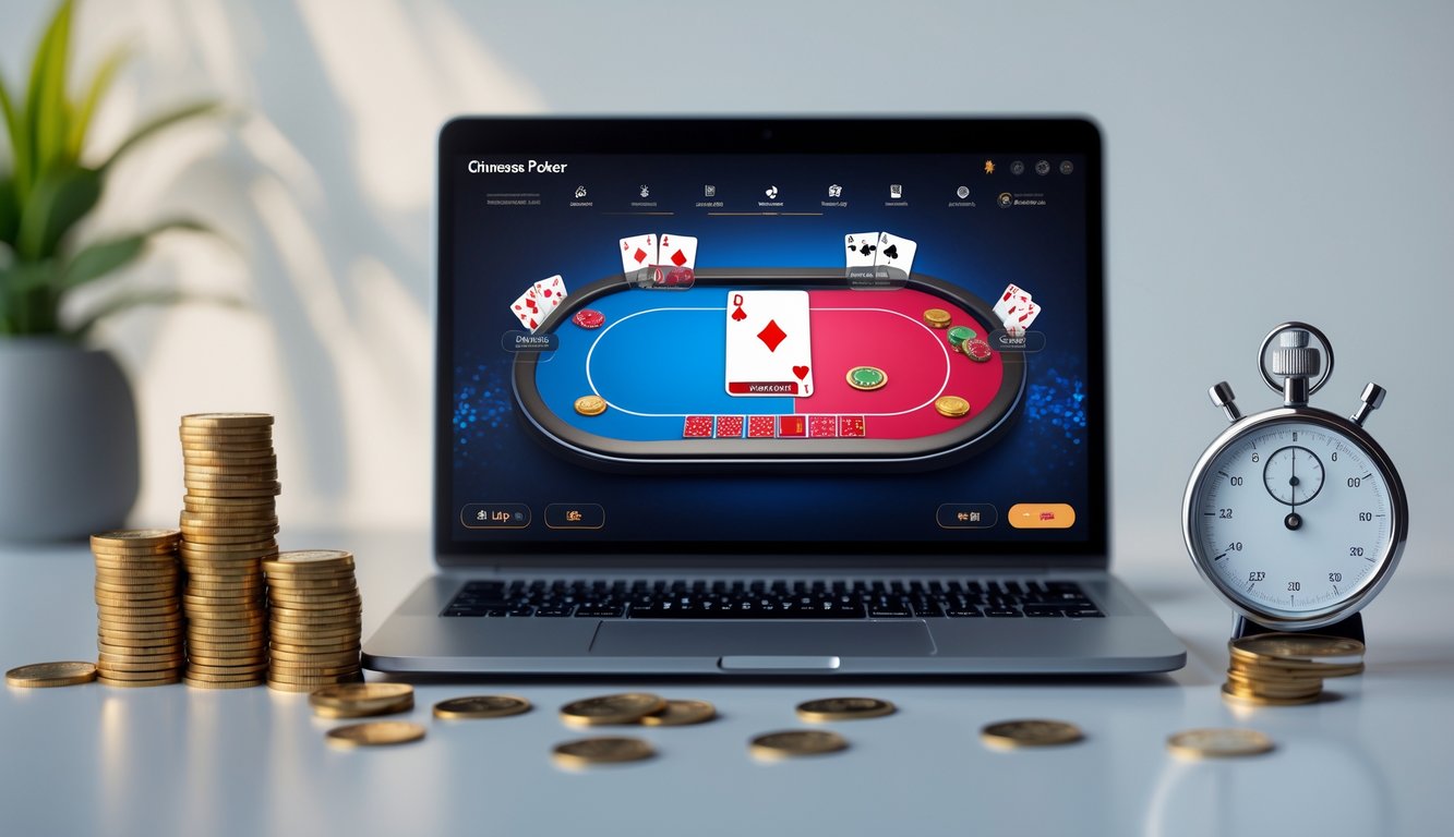 Seorang pemain menggunakan laptop dengan tampilan permainan poker online di meja digital, dikelilingi oleh tumpukan koin dan jam penghitung waktu.
