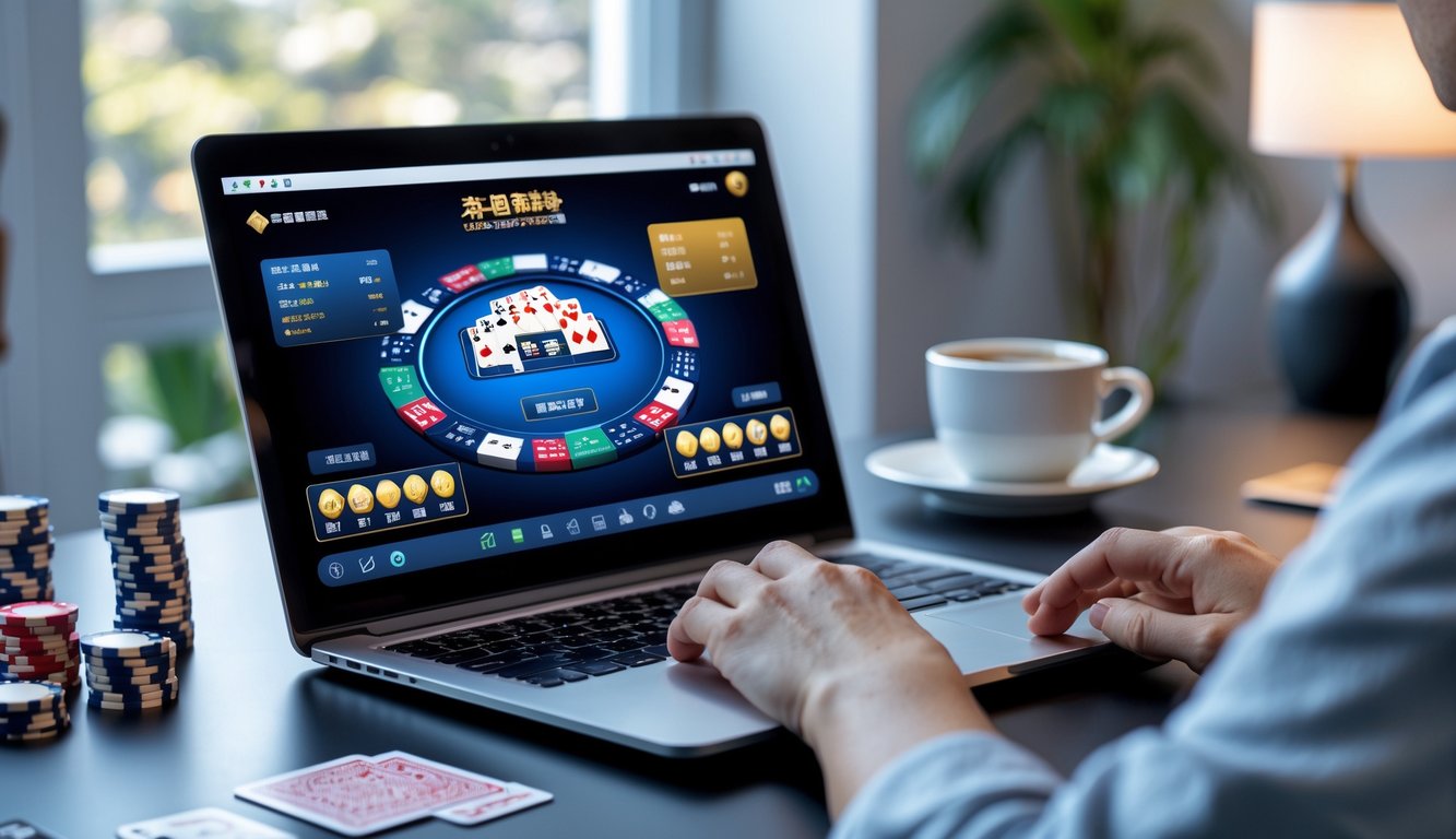 Seseorang sedang bermain Chinese Poker secara online di laptop di ruang kerja modern dengan kartu remi dan chip poker di meja.