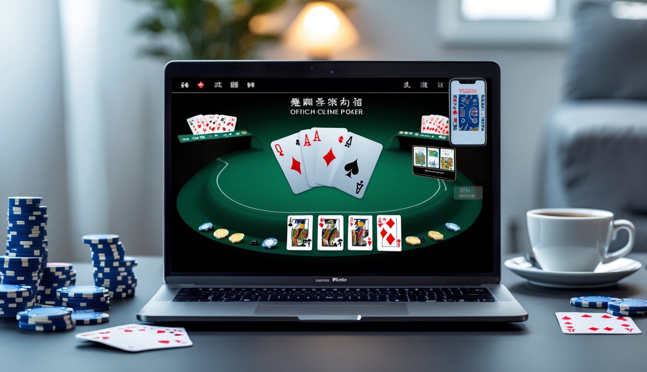 Seorang pemain menggunakan laptop dengan tampilan permainan poker Cina online, dikelilingi oleh chip poker dan kartu bermain di meja yang rapi.