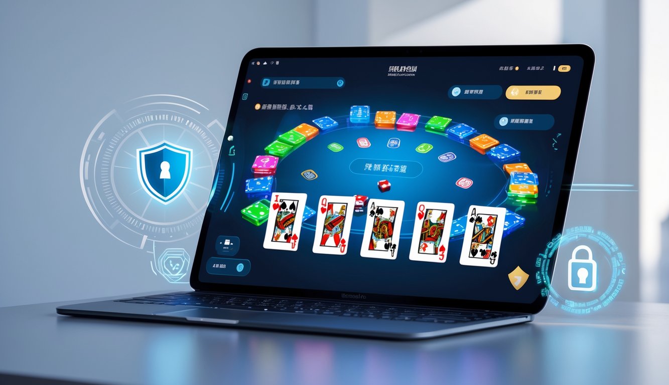 Sebuah laptop menampilkan permainan poker Cina online dengan simbol keamanan digital di sekitarnya.