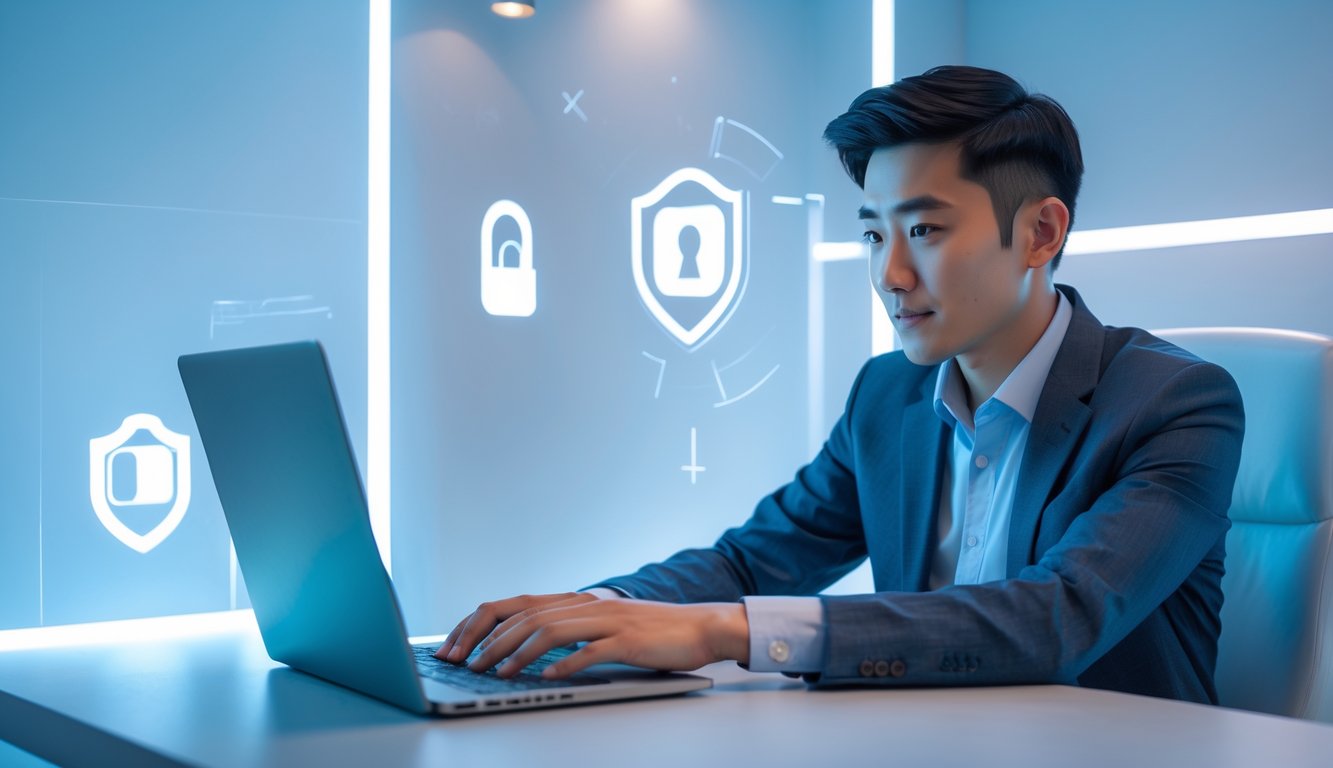 Seorang pria Asia duduk di meja modern sambil bermain Chinese Poker di laptop dengan latar belakang yang menampilkan simbol keamanan digital.