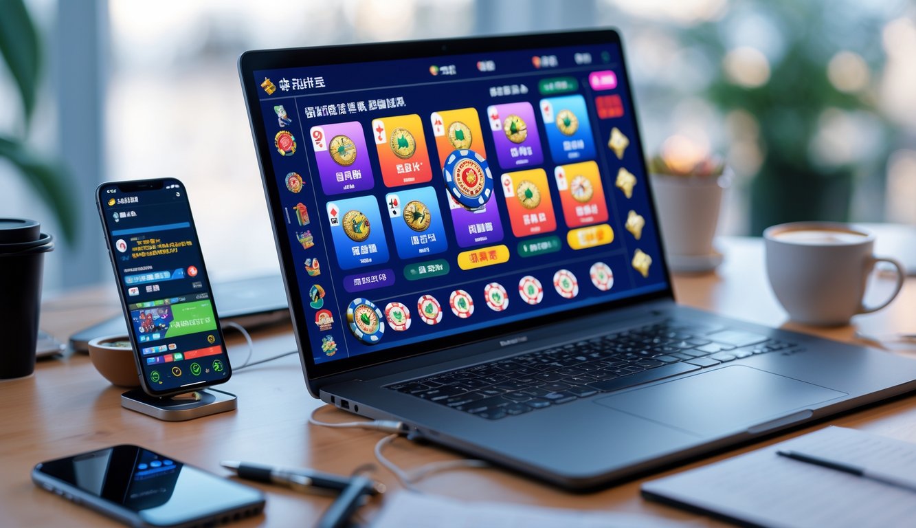Meja kerja modern dengan laptop yang menampilkan permainan poker Cina online, ponsel, cangkir kopi, dan alat tulis di lingkungan kantor yang terang.