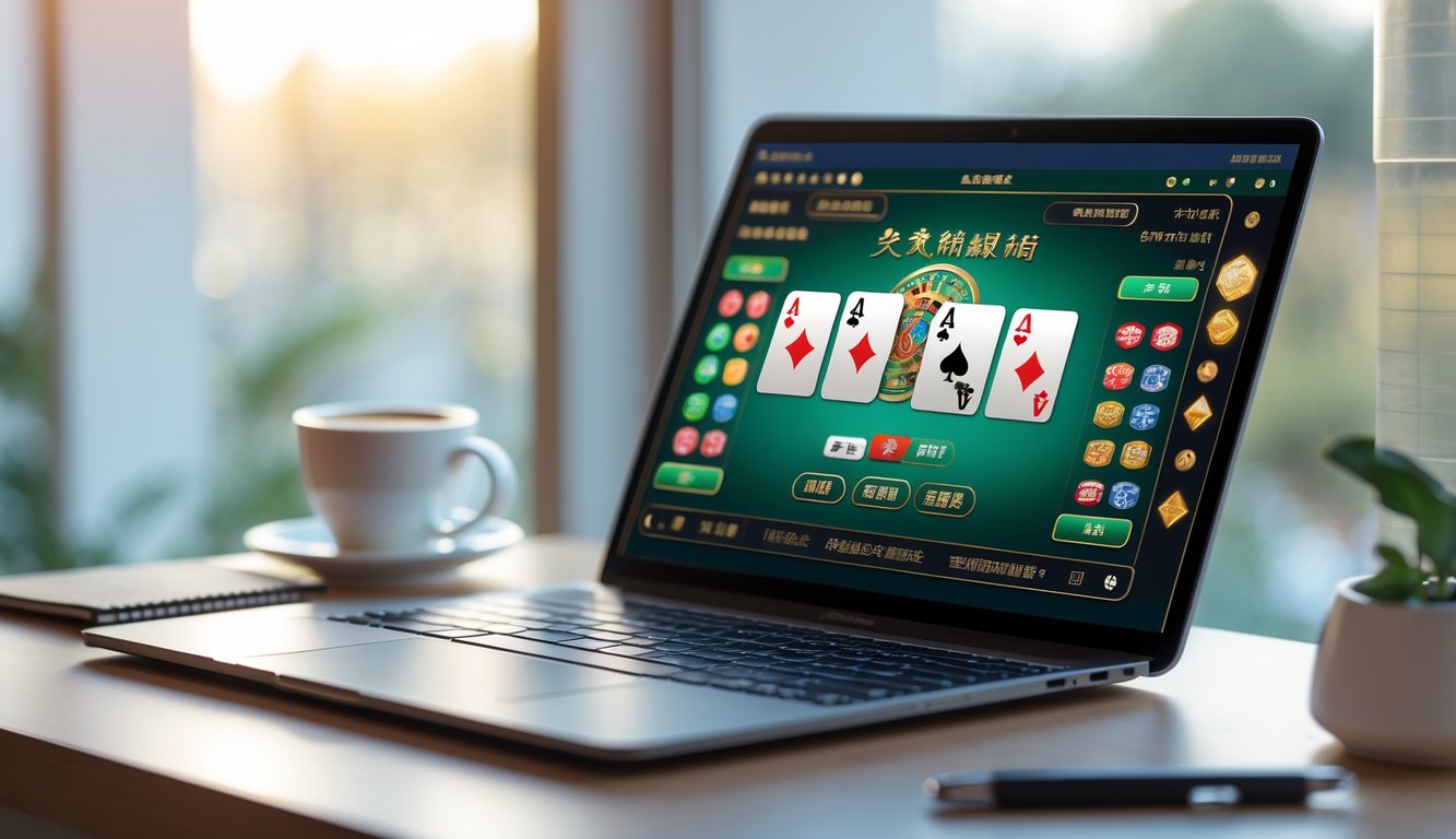 Seseorang menggunakan perangkat digital yang menampilkan permainan Chinese Poker online dengan suasana nyaman dan perangkat pendukung di sekitarnya.