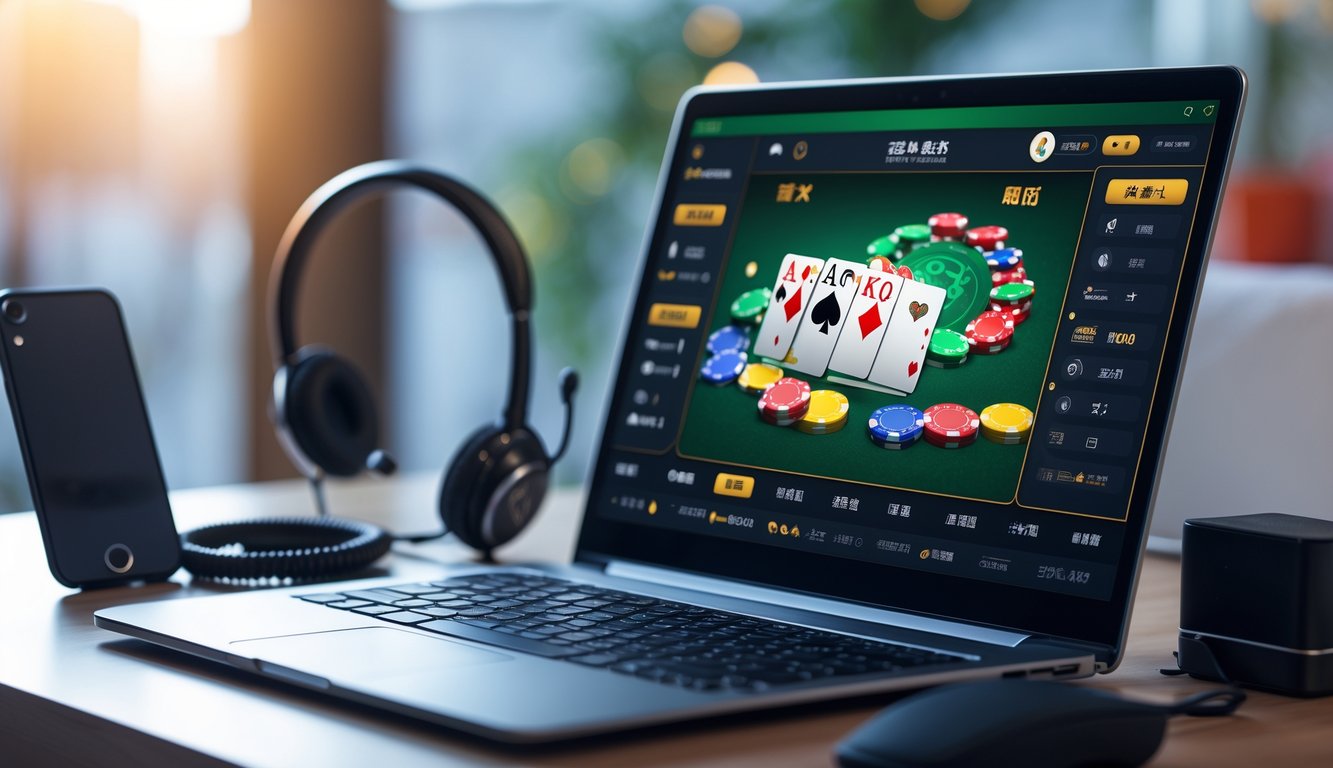 Sebuah meja kerja modern dengan laptop yang menampilkan permainan poker China online, dilengkapi dengan ponsel dan headset di sampingnya.