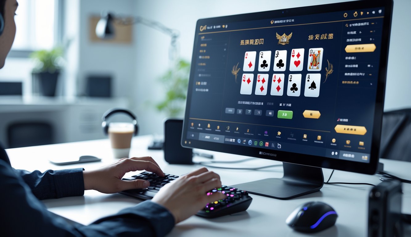 Seseorang bermain poker Chinese online di depan komputer dengan kartu permainan terlihat di layar, di ruang kerja yang rapi dan terang.