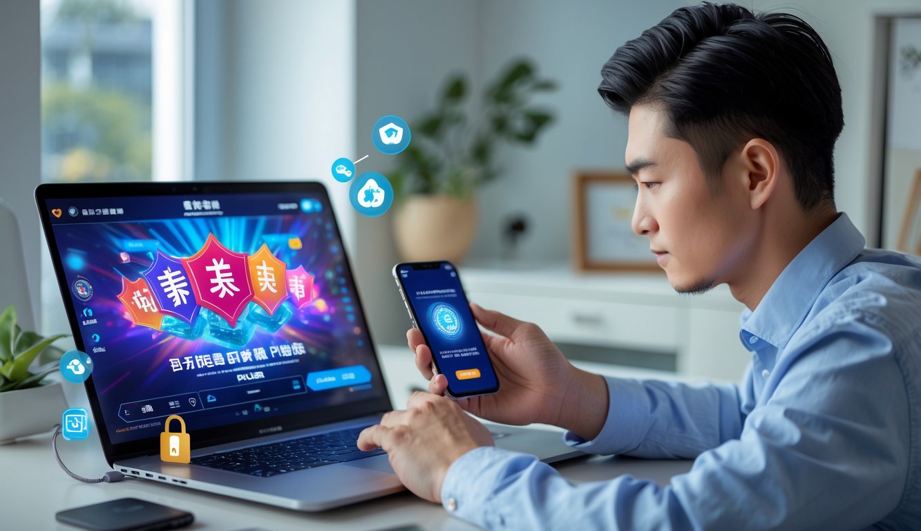 Seseorang sedang bermain poker Cina secara online menggunakan laptop dan ponsel di ruang kerja yang rapi dan terang.