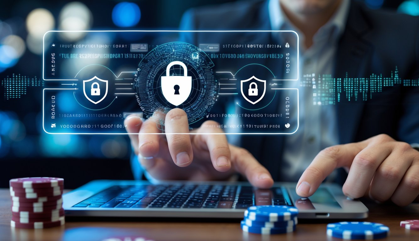 Seseorang menggunakan laptop dengan layar yang menampilkan simbol keamanan data dan elemen kartu poker di latar belakang.