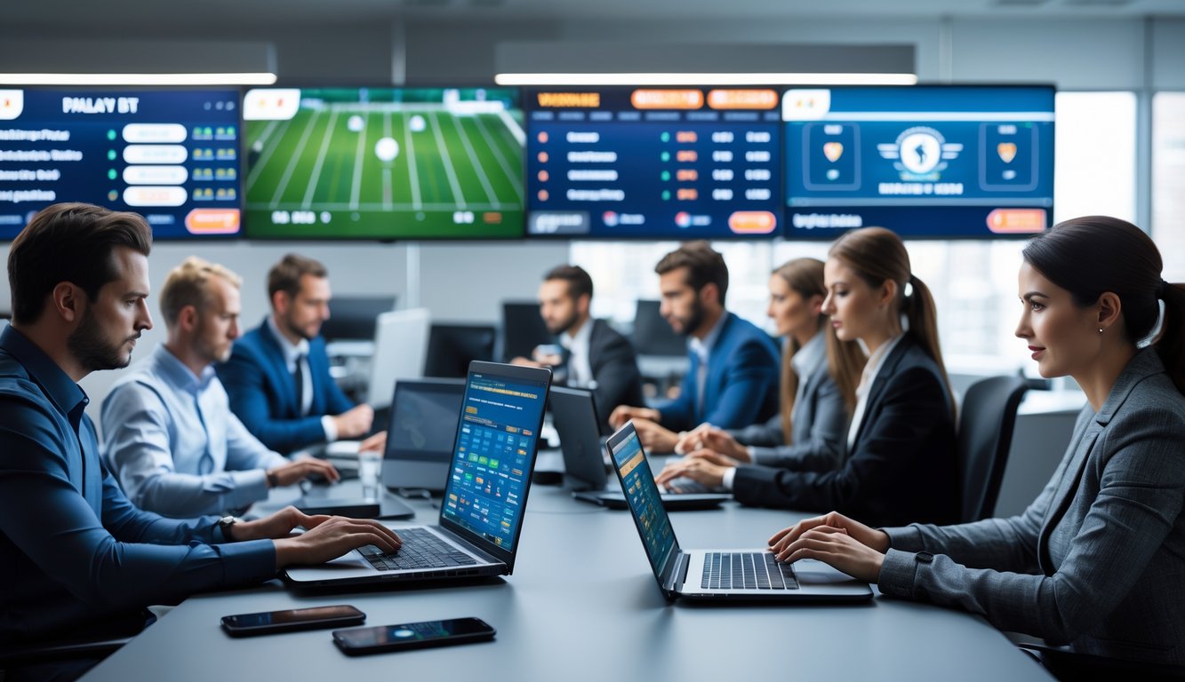 Beberapa orang menggunakan laptop dan ponsel di kantor modern dengan layar yang menampilkan pertandingan olahraga dan informasi taruhan.