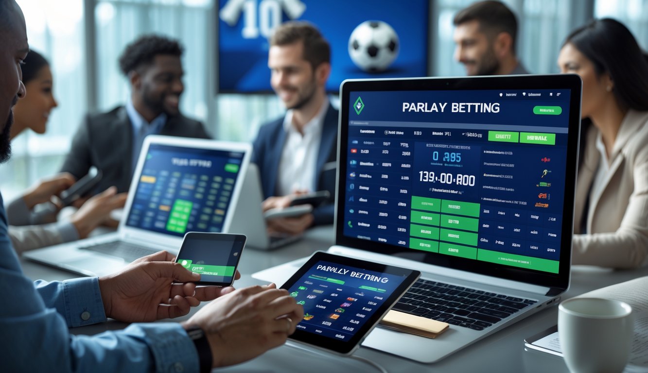 Orang-orang menggunakan perangkat digital untuk taruhan olahraga online dengan suasana modern dan aman.