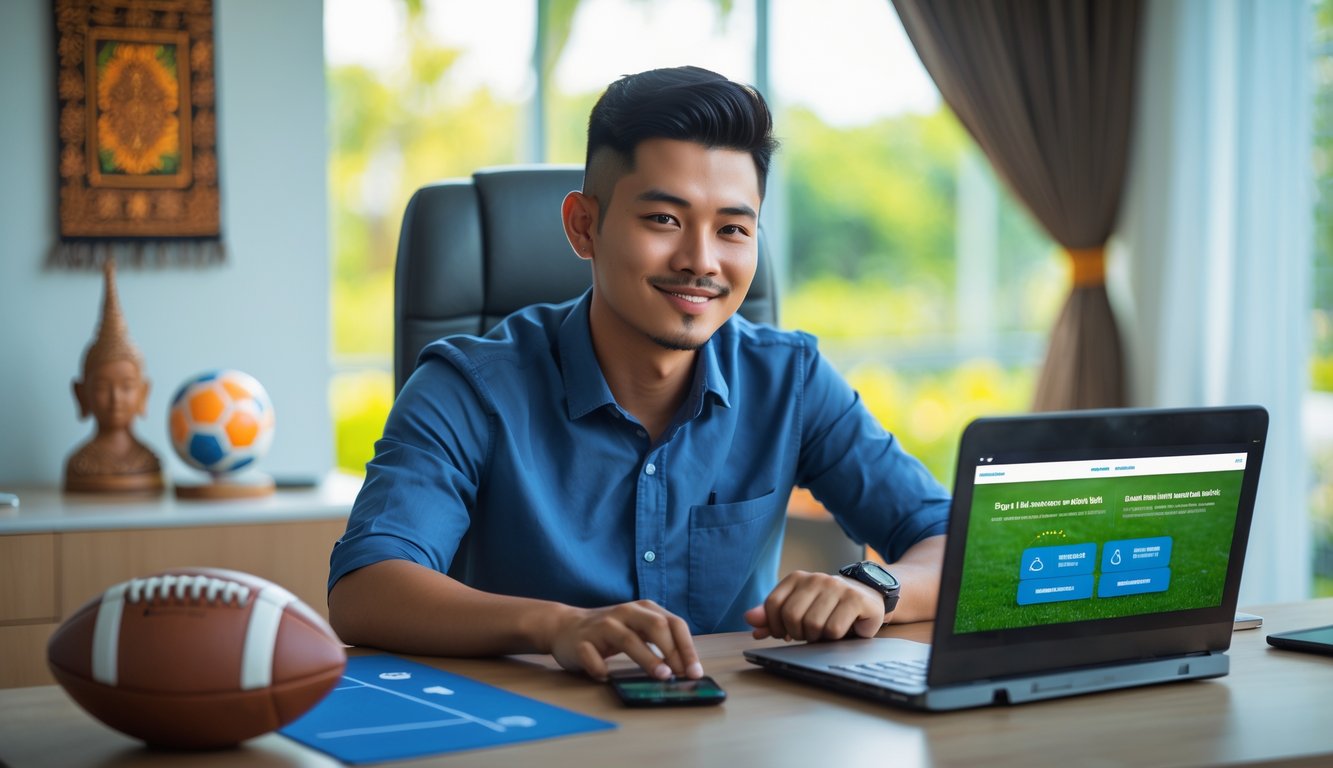 Seorang pria muda Indonesia duduk di meja dengan laptop dan bola sepak di sampingnya, terlihat santai dan percaya diri dalam suasana kantor rumah yang modern.