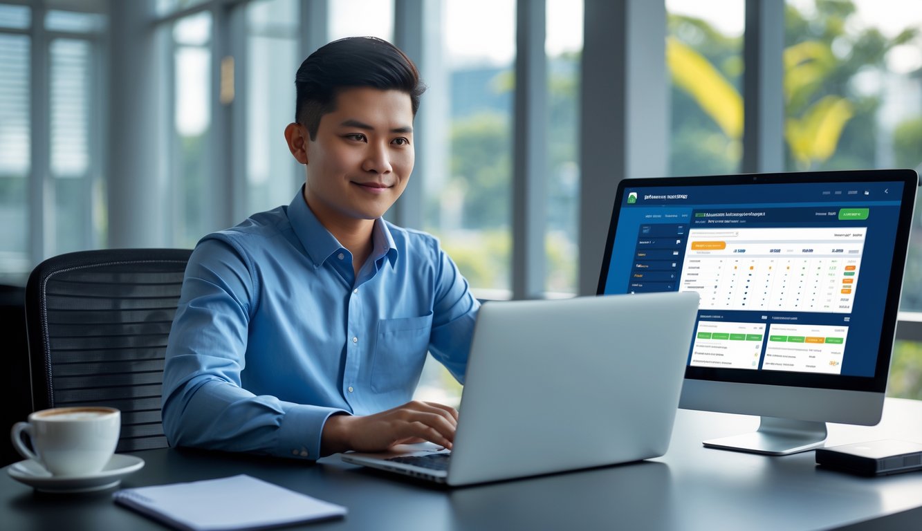 Seorang pria muda Indonesia sedang menggunakan laptop dan perangkat digital di kantor modern yang terang, fokus pada aktivitas terkait taruhan bola parlay online.