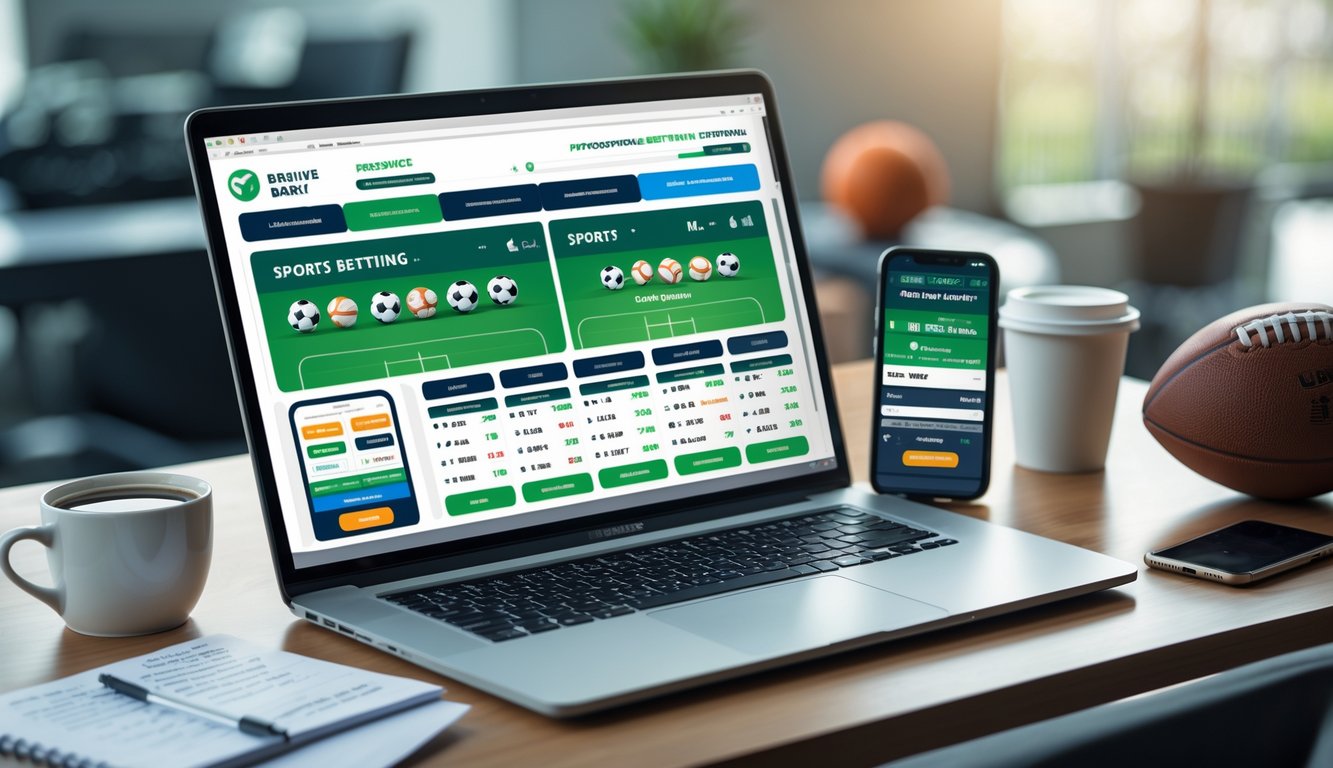 Meja kerja dengan laptop yang menampilkan situs taruhan olahraga online, smartphone dengan skor pertandingan, dan bola olahraga di atas meja.