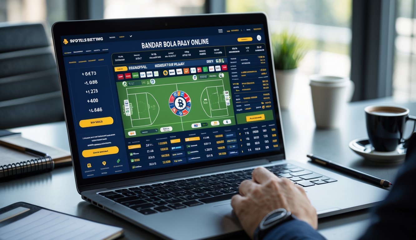 Seseorang menggunakan laptop di meja kerja dengan tampilan situs taruhan olahraga online, dikelilingi oleh smartphone, cangkir kopi, dan alat tulis.